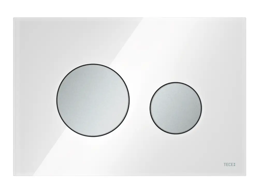 TECE WC-Betätigungsplatte aus Glas in Weiß mit zwei runden Tasten in Chrom matt für die Zweimengentechnik.